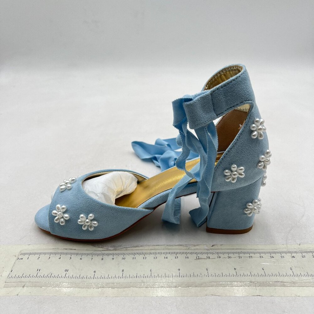 XYD Blue Open Toe with Bloom Pearl Flower Ribbon Ankle Strap Block Heel Sandals